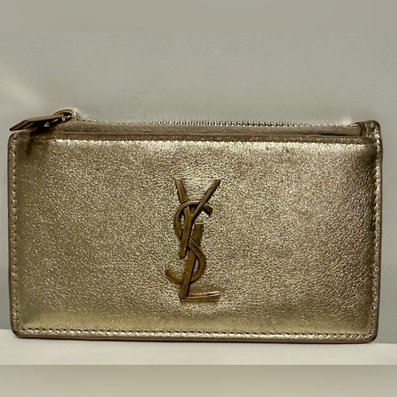 Yves Saint Laurent Calfskin Leather Metallic Zippered Cardholder Platino Gold - Picture 1 of 9